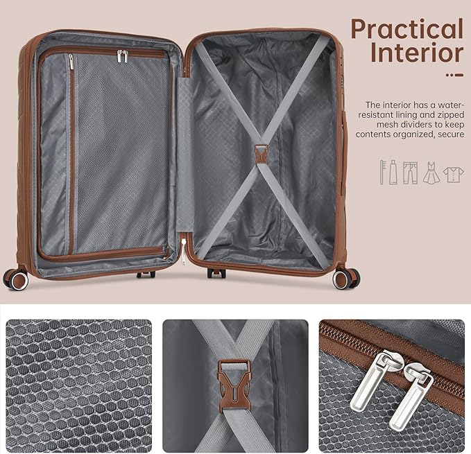 5 Piece Luggage Set Carry on Suitcase with Spinner Wheels, Expandable Hardshell Luggage PP Lightweight Suitcase Set for Women (Mocha)