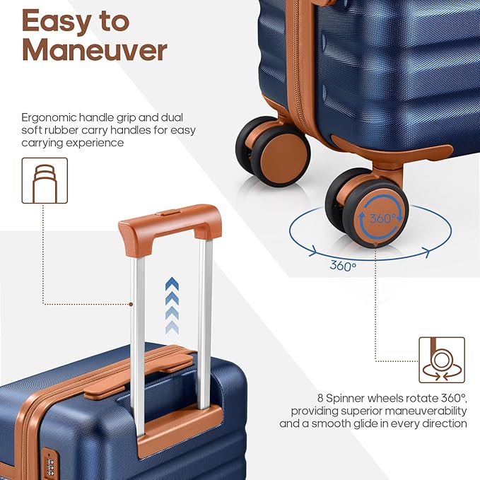 UKEIN Luggage Sets 3 Piece, Carry On Luggage 20In With Spinner Wheels,PC Hardside Suitcase Set with TSA Lock,Durable Carry On Suitcase With Travel Backpack for Men (Blue, 3 piece set (20inch))