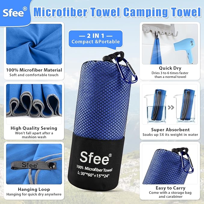 Sfee 2 Pack Microfiber Travel Towel, Quick Dry Towel Camping Towel Super Absorbent Compact Lightweight Sports Swim Gym Towels Set for Gym, Hiking, Pool, Backpacking, Bath, Yoga (M :48"x21"+24"x15")
