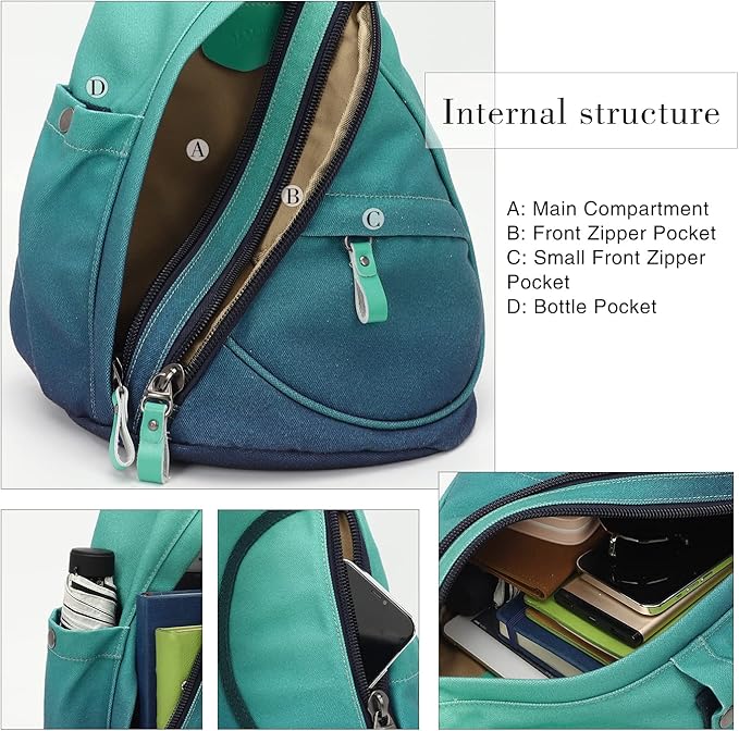 KL928 Canvas Sling Bag - Small Crossbody Backpack Shoulder Casual Daypack Rucksack for Men Women(Large Version,Blue+GrayishGreen)