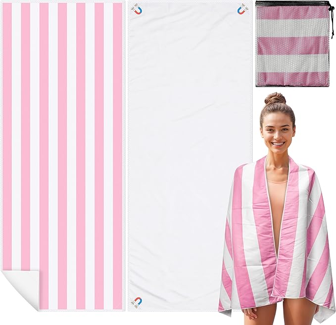 Pink Stripes Magnetic Beach Towel - 75"x30" Sand Free Quick Dry Microfiber Towel with Built-in Magnets Lightweight for Beach Chair Car Door Pool Travel Camping Yoga with Storage Bag