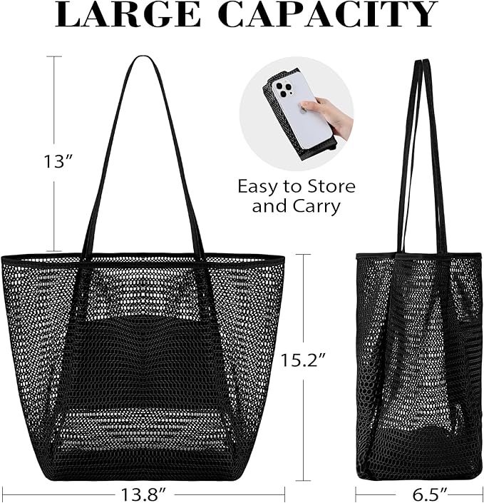 Tavaleu Mesh Beach Bag, Beach Bags for Women, Woven Straw Beach Tote Bag Waterproof with Inner Pocket, Packable Beach Bag