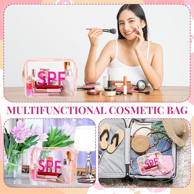 Spf Clear Makeup Bag 9.5" x 7" x 3.5" Pink Beach Pouch Large Waterproof Travel Toiletry Cosmetic Bag PVC Transparent Zippered Organizer for Women Girl Summer