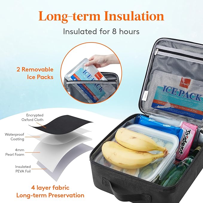 Lifewit Freezable Lunch Box, Insulated Reusable Lunch Bag with 2 Ice Packs, Mini Cooler Snack Bag for Bento Box for Salad, Sandwich, Snacks fo Men Women for Work, Black 8L