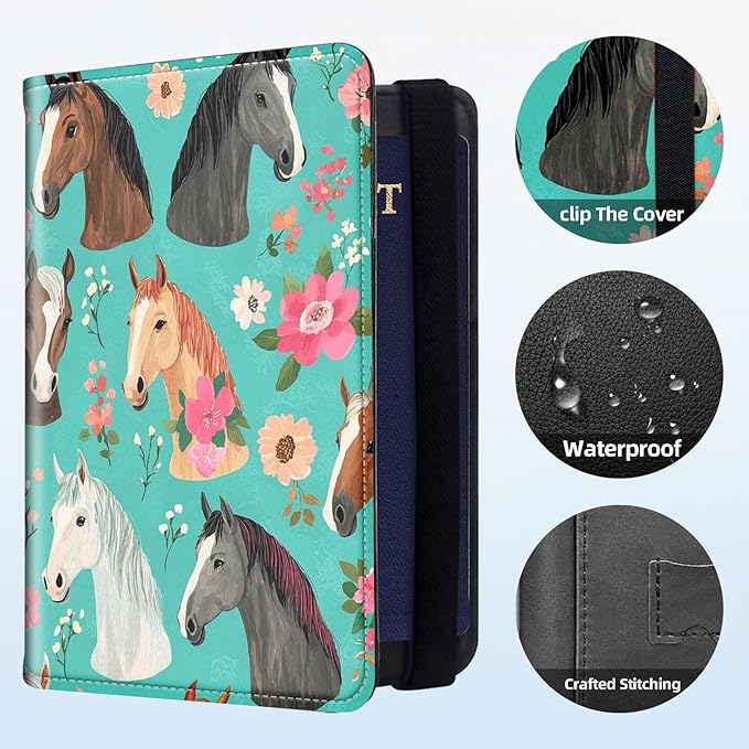 RFID Security Premium Passport and Travel Document Holder Combo, Slim PU Leather Folio Wallet with 3 Card Slots & Boarding Pass Pocket, Secure Elastic Closure Organizer, Horses in Teal with a Floral
