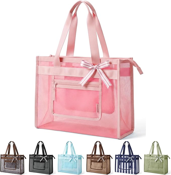 BAGSMART Mesh Beach Bag with Zipper Pocket, Large Beach Tote Bags for Women | for 40 oz Bottle, Removable Ribbon Bow, Sandproof & Washable, Cruise Essentials, for Swim, Pool, Gym, Vacation, Travel Bag