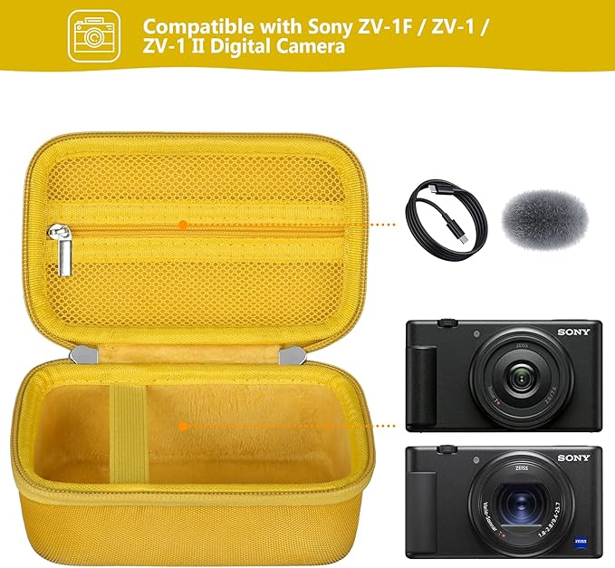 Hard Travel Case for Sony ZV-1F / ZV-1 / ZV-1 II Digital Camera, Storage Holder Travel Bag with Zipper Mesh Pocket for Battery Pack, Charging Cable, USB Card, Yellow
