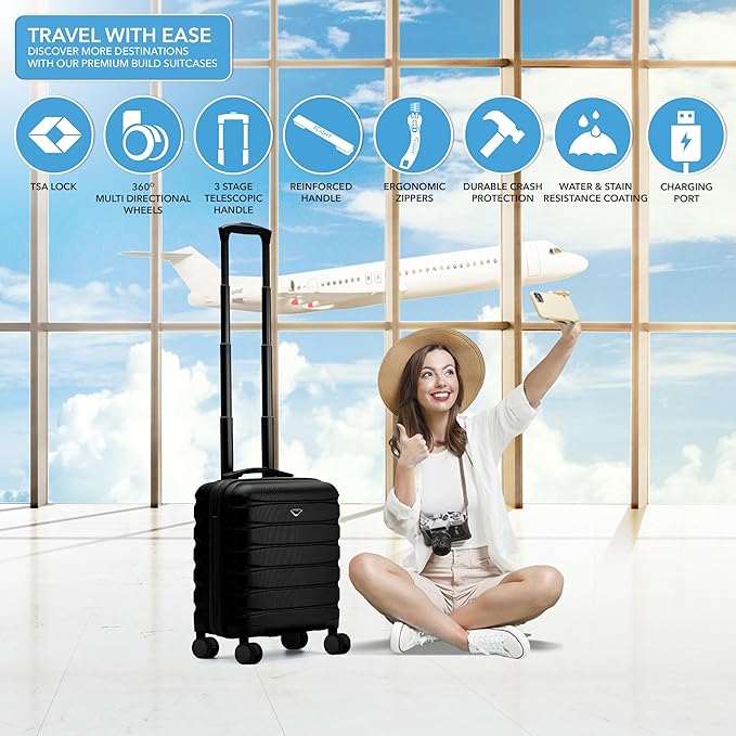 Flight Knight Carry On Suitcase 18x14x8" Hardside Built In TSA Lock & USB Port Lightweight Luggage Silent Double Spinner Wheels Maximum Underseat Carry-On Bag For American & United Approved Airlines