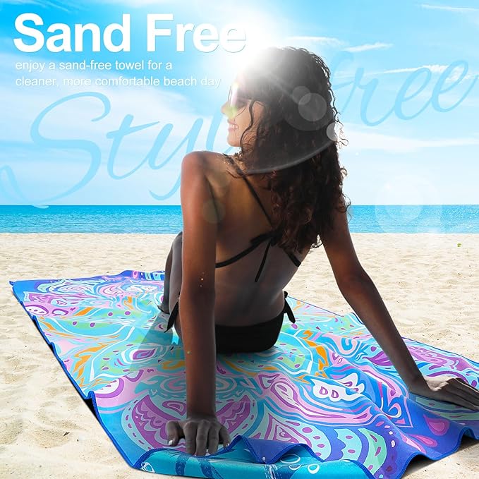 2 Packs Lightweight Thin Microfiber Beach Towel Oversized Quick Dry Compact Sandproof Clearance Towels Sand Free Camping Swimming Travel Accessories Essentials Women Adults Bohemian Black Blue