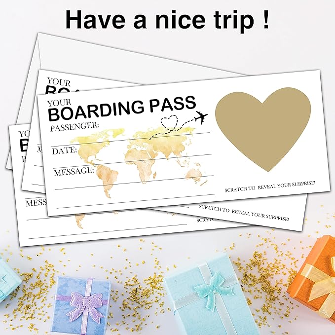Scratch Surprise Boarding Pass, 1 Set Make Your Own DIY Travel Ticket, Surprise Reveal Card for Holiday, Christmas, Wedding, Birthday, Anniversary, Party Supply(3.5"x8" Gold)-A007