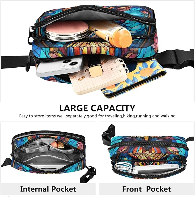 Stained Glass Printed Owl Fanny Pack for Women Men Water Resistant Fashion Waist Packs with Adjustable Strap Belt Bag for Travel Workout Jogging Hiking 21219631