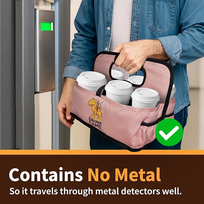 Reusable Drink Carrier with Handle, Foldable 6 Cup Drink Holder Carrier for Delivery, Coffee Cup Carrier, Portable Cup Holder Bag for Drinks, to Go Beverage Drink Organizer (Peach)