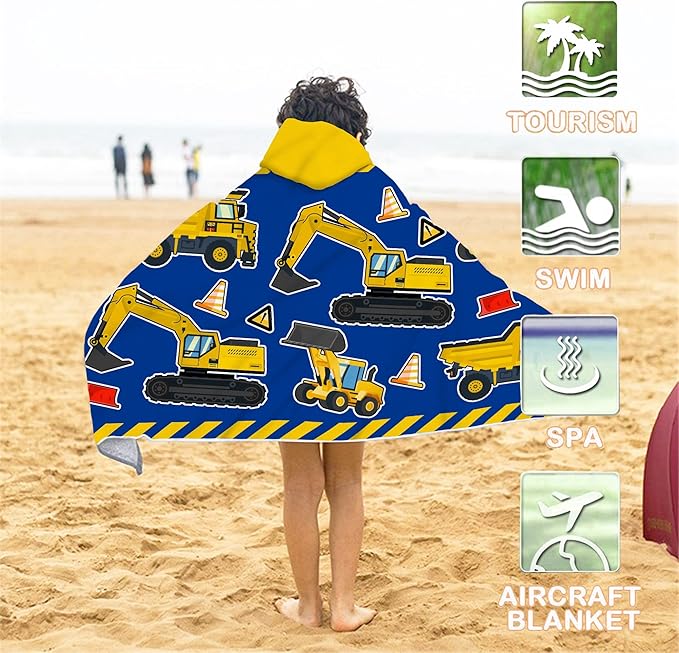 Kids Beach Towel With Hood - Excavators Vehicles Engineering Theme for Boys Girls, Microfiber Soft Bath Poncho Bathrobe Wrap Robe for Swim Pool - Cool Children's Gift