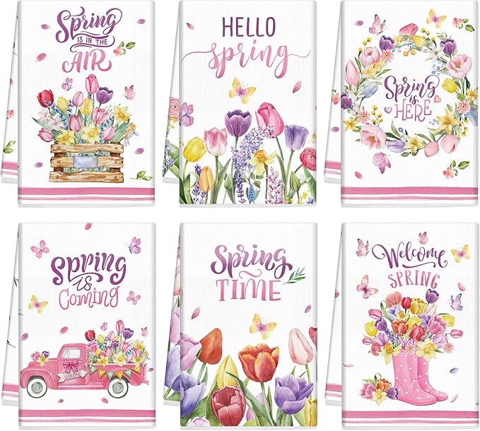 Breling Set of 6 Spring Kitchen Towels Tulip Dish Towel Flower Bathroom Decorative Rustic Dishcloth for Farmhouse Spring Kitchen Bathroom Home Cooking Housewarming Gifts, 14 x 21 Inch
