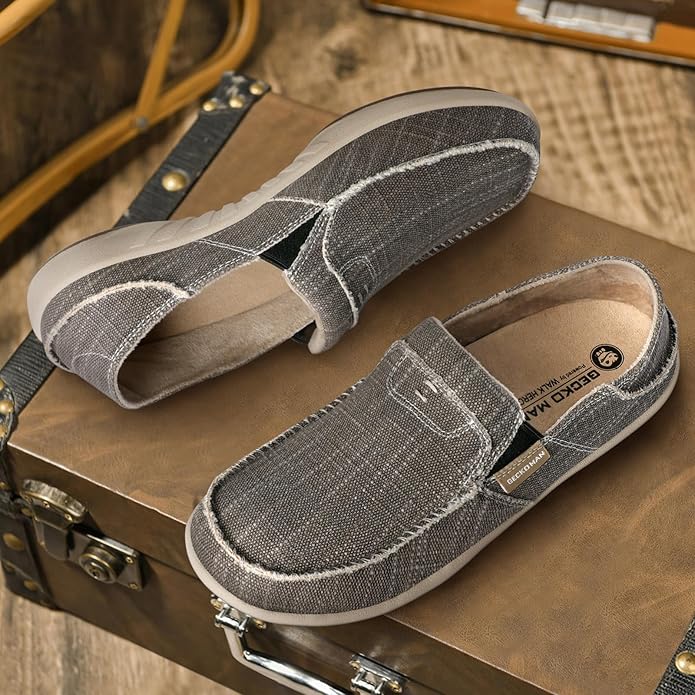 Mens Slip On Shoes, Canvas Mens Loafers with Arch Support, Orthopedic Mens Boat Shoes for Plantar Fasciitis, Indoor & Outdoor Walking Slippers Shoes for Pain Relief