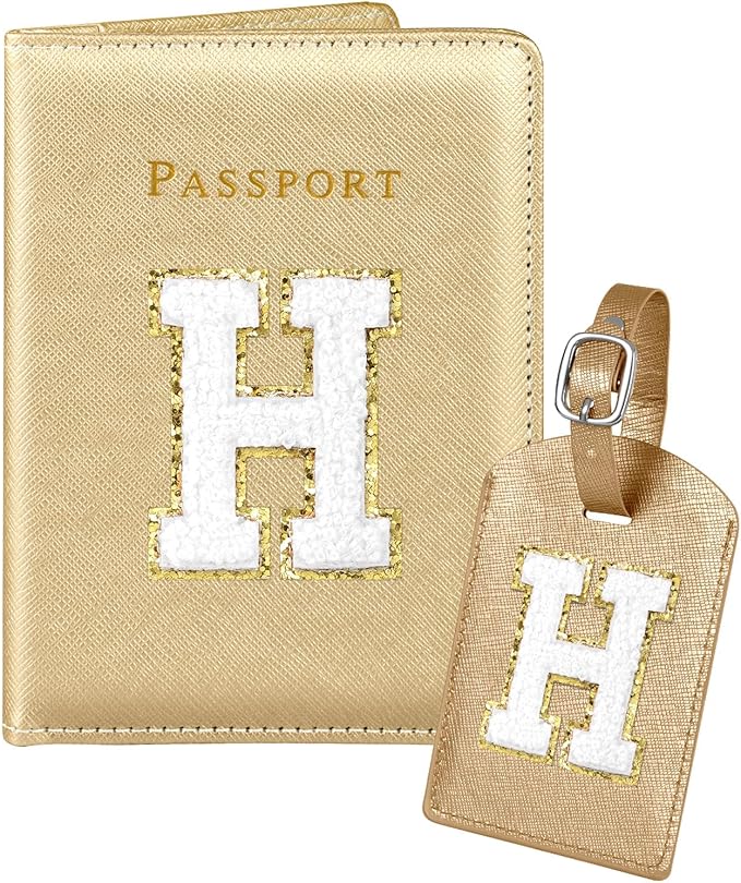 Slohif Passport Holder Initial Lugguage Tag Set Suitcase Cover Wallet Case for Travel Women - Leather Letter Passport Book Personalized Organizer Card Protector Sleeve Essentials Slim Carrier Gold H
