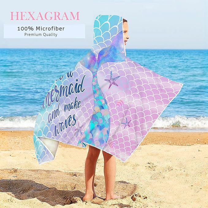 Bonsai Tree Mermaid Hooded Beach Towel,Kids Little Mermaid Tail Poncho Towel for Girls,Quick Dry 30”x50” Pink Bath Towel for Pool Swiming