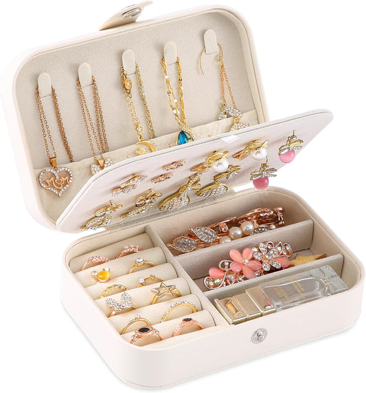 Travel Jewelry Box, PU leather Small Jewelry Organizer For Female Girls, double layer portable mini travel case for storing earrings, rings, necklaces.(Bright White)