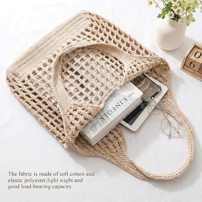 SUOSDEY Crochet Mesh Beach Tote Bag, Knit Summer Vacation Aesthetic Boho Tote Bag for Women