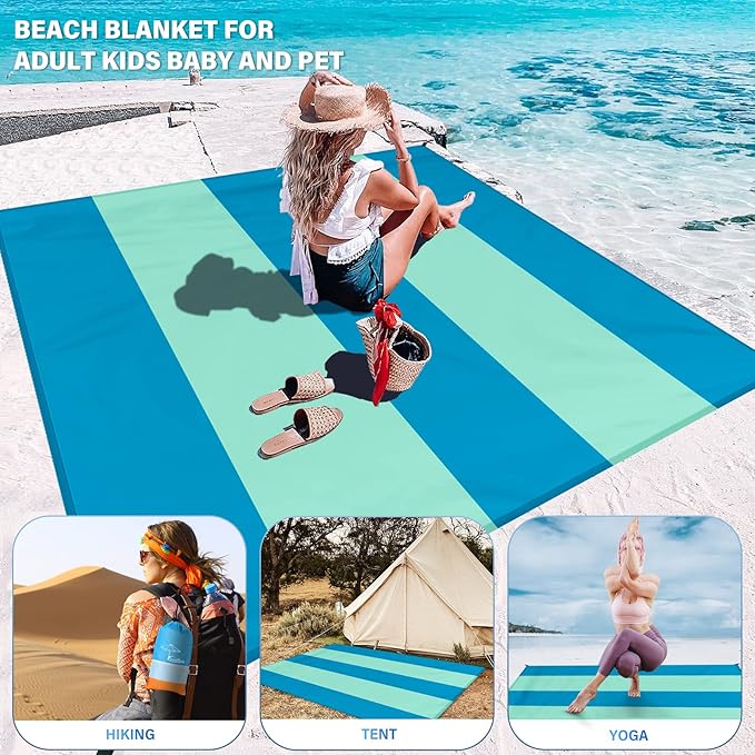 Beach Blanket Oversized Extra Large 10'X 9',Waterproof Sandproof Beach Blanket 2-8 Adults Lightweight Durable for Travel Camping Hiking Picnic (10'X 9', Green&White)