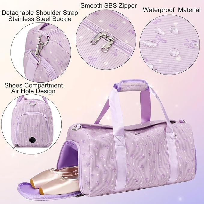 Duffle Bag Dance Dag for Girl Sports Gym Bag Corduroy Overnight Bag Ballet Bag with Shoe Compartment and Dry Wet Pocket.