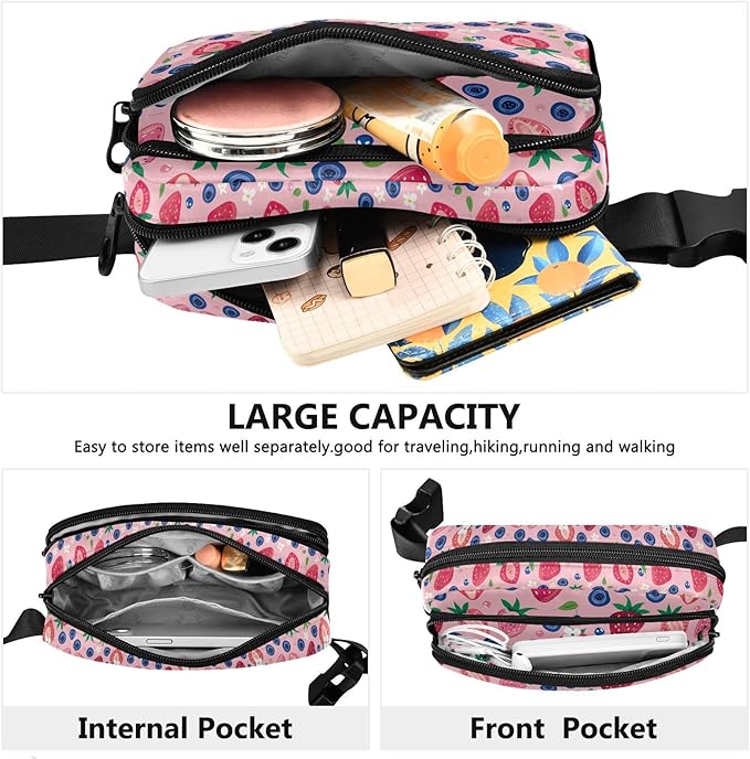 Pink Strawberry Blueberry Fanny Pack for Women Men Water Resistant Fashion Waist Packs with Adjustable Strap Belt Bag for Travel Workout Jogging Hiking 21219428