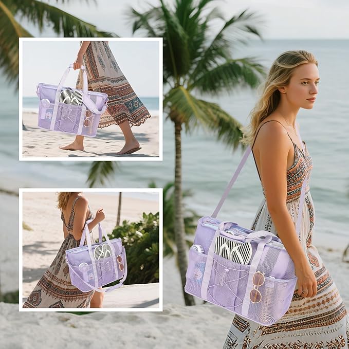 Mesh Beach Bag, Foldable Extra Large Beach Bags with Zipper Pool Bag with Portable Phone Pouch for Vacation Pool