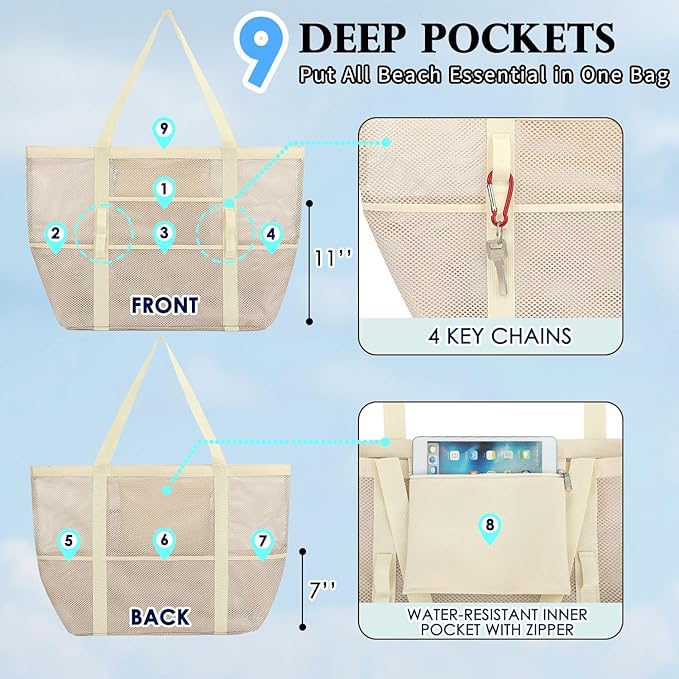 Mesh Beach Bag, Large Beach Tote with Zipper Pocket, Toys Pool Bag for Family Travel Vacation Cruise Essentials