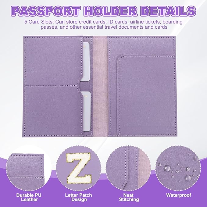 PATIKIL Passport Holder for Travel, Initial Passport Cover and Luggage Tag Set with Alphabet Chenille Letter Patch Travel Wallet Bag Suitcase Identifier for Women Family Travel Purple Z