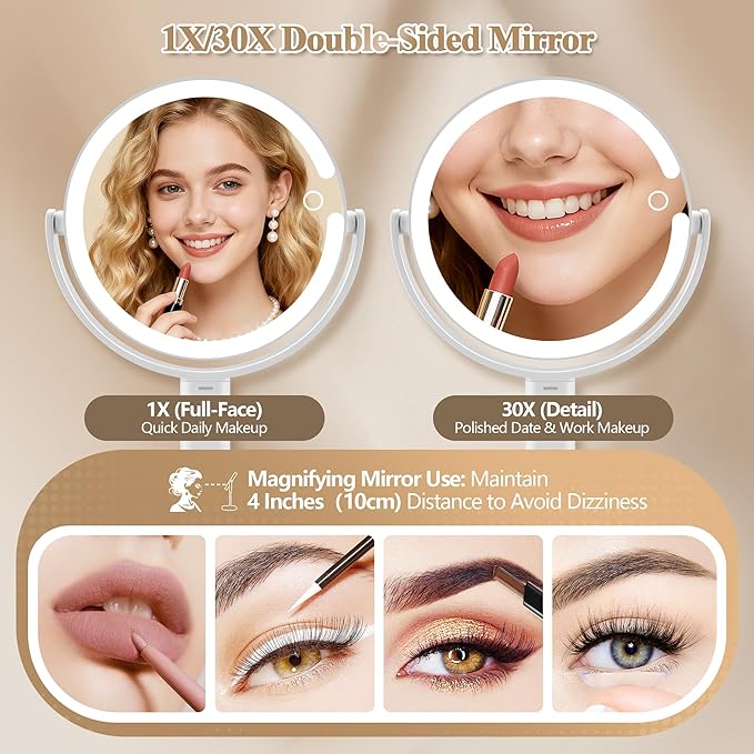 Makeup Mirror with Lights, Double Sided 1x/30x Magnifying Mirror with Light, Rechargeable 3 Color Lights and Adjustable Brightness, 360° Rotation Detachable Comes with Tweezer(Ivory)