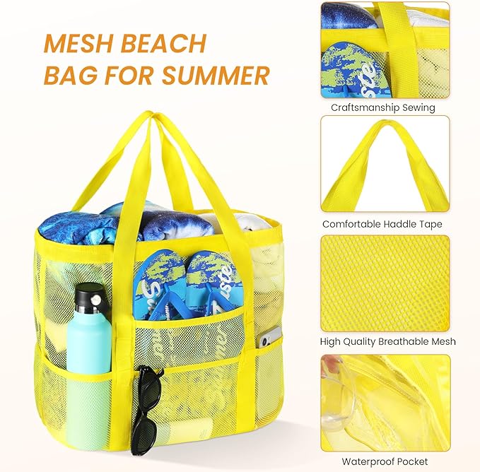 Tavaleu Mesh Beach Bag - Large Beach Tote with Multi Functional Pockets for Family Travel/Vacation