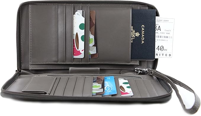 Zip-Around Passport Gray Unisex Leather Wallet Executive Boarding Pass Holder (Drizzling Mist)