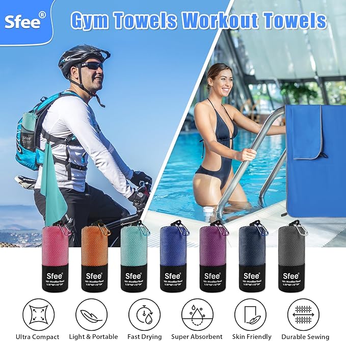 Sfee 2 Pack Microfiber Travel Towel, Quick Dry Towel Camping Towel Super Absorbent Compact Lightweight Sports Swim Gym Towels Set for Gym, Hiking, Pool, Backpacking, Bath, Yoga (M :48"x21"+24"x15")