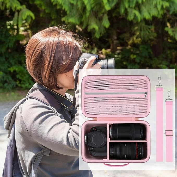 Camera Case Compatible with Canon EOS Rebel T7 / T100 / R50 / R100 / R5 / R6 Mark II / 90D DSLR Camera with 18-55mm Lens,Sony,Nikon DSLR Camera Protective Case with Shoulder Strap (Pink Case)