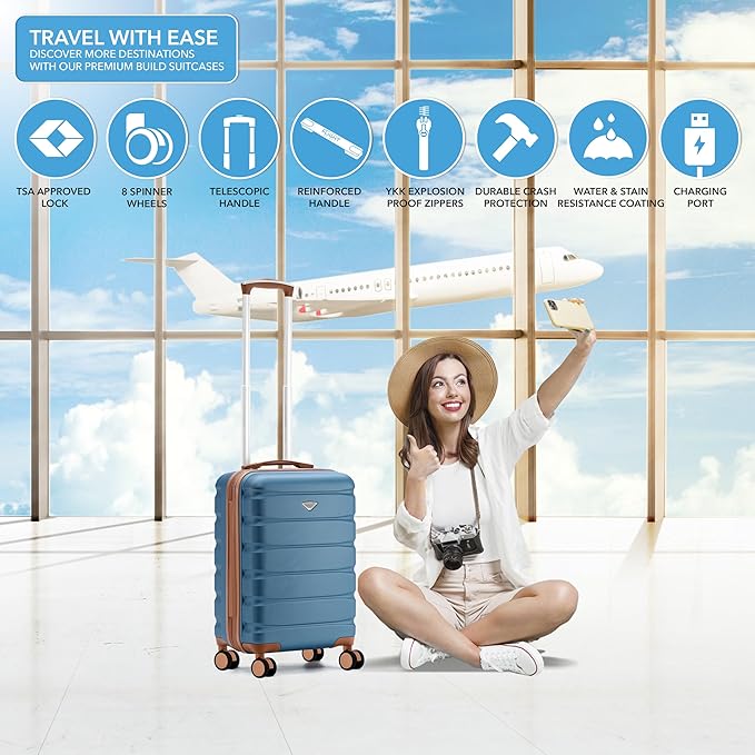 Flight Knight 21.5x15.5x9 Expandable Carry On Suitcase Hardside TSA Lock & USB C Port Lightweight Luggage Silent Double Spinner Wheels Maximum Canada Air Overhead Bag Airlines Approved Blue/Tan