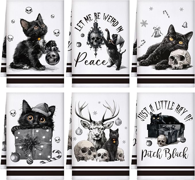Bencailor 6 Pcs Gothic Kitchen Towels Black Cat Skull Dish Hand Towels Goth Tea Washcloth for Gothic Party Gifts Bathroom Kitchen Goth Decor, 24 x 16''