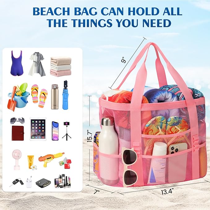 Beach Bag - Mesh Beach Bag Large 8 Pockets, Beach Tote Bag Beach Essentials for Vacation Must Haves