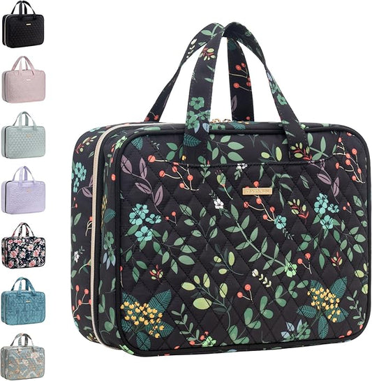Everfun Hanging Toiletry Bag for Travel, 12x9x4.5 inch Large Capacity Cosmetic Organizer with Leakproof Wet/Dry Compartment, Waterproof Dopp Kit Toiletries Bag for Women Black Leaves