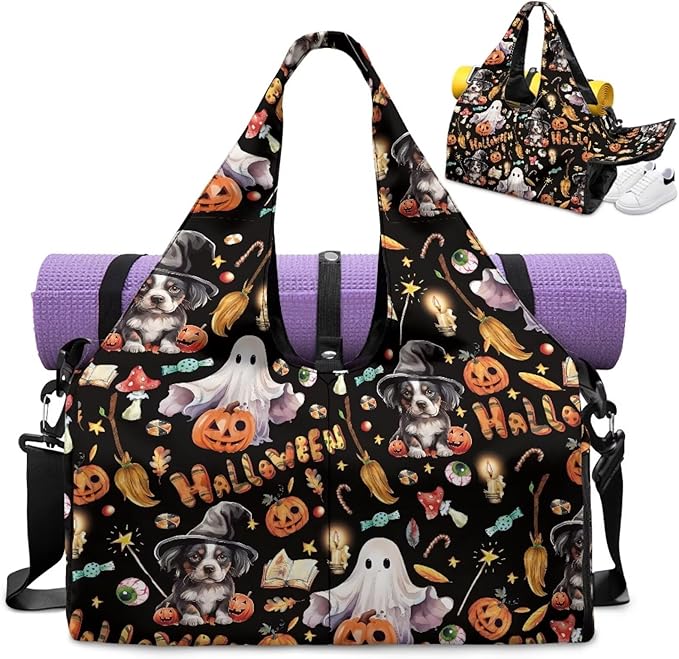 Halloween Ghost Pumkin Gym Bag for Women with Shoe Compartment and Yoga Mat Holder Lightweight Duffel Bag for Sports Overnight Weekender Travel Carry On Bags Spooky Halloween Decor