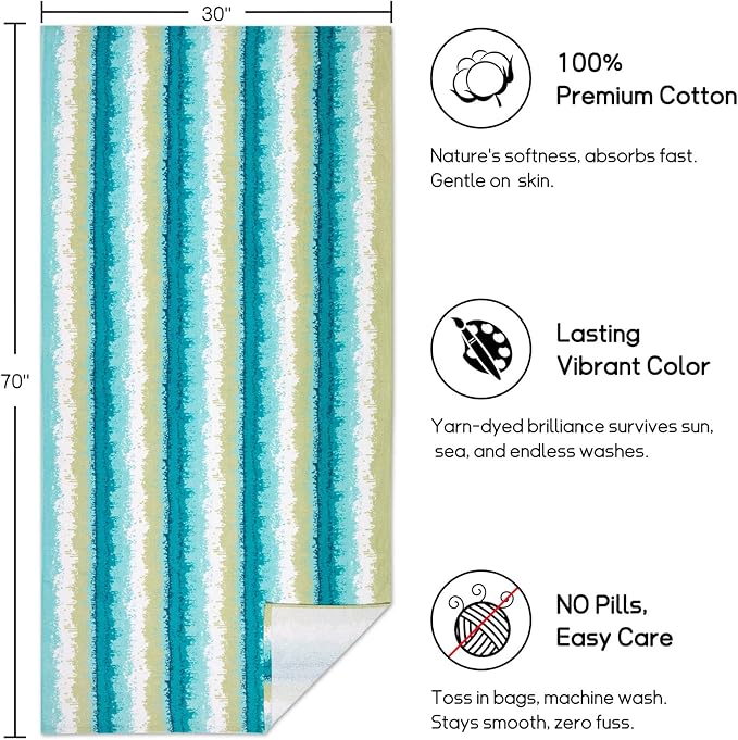 cabanana Large Beach Towel Oversized - Cotton Velour 35 x 70 Inch Coast Waves Camo Striped Terry Pool Towel, Cabana Soft Swimming Towel for Adults Women Men (Teal Green)