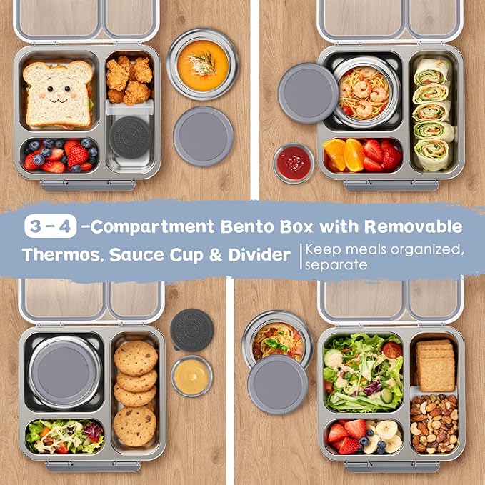 Stainless Steel Bento Box Kids Adult with 7oz Insulated Food Jar, Transparent Lid Metal Lunch Box With Soup Thermal Jar, Lunch Box Container with Removable Divider & Sauce Cup School (Grey)