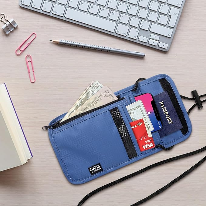 5.5" L x 7.9" W Travel Neck Wallet, RFID Blocking Passport Holder, Security Lightweight Passport Travel Wallet, Neck Pouch Gifts for Women Men(Blue)