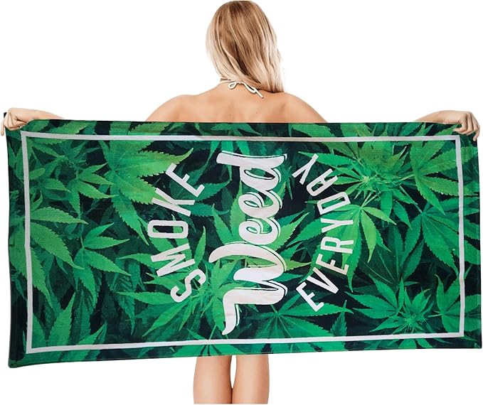 Smoke Weed Every Day Beach Towel 30”x60” – 100% Cotton Velour, Absorbent, Quick-Dry, Easy-Pack for Spring Break, Vacation, Beach, Pool, or Sunbathing – Lightweight, Compact for Travel – Novelty Gift