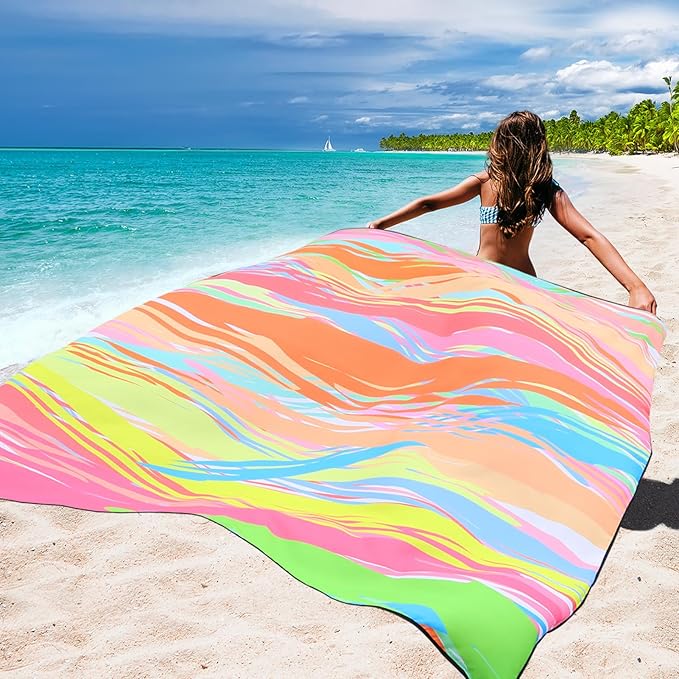 Beach Blanket Waterproof Sandproof Beach Mat for 1-8 Adults Quick Drying Durable Outdoor Picnic Mat for Beach Festival Travel Camping Hiking (Colorful Stick, 79"×83"(4 Person))