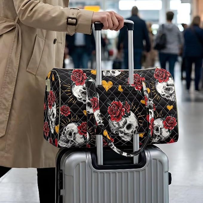 COEQINE Black Red Rose Skull Goth Quilt Duffle Bag for Women Travel Halloween Purses for Womens Quilted Tote Bag For Women Duffel Bag Lightweight Weekend Bag with Zipper Pocket Dance Bag Organizer