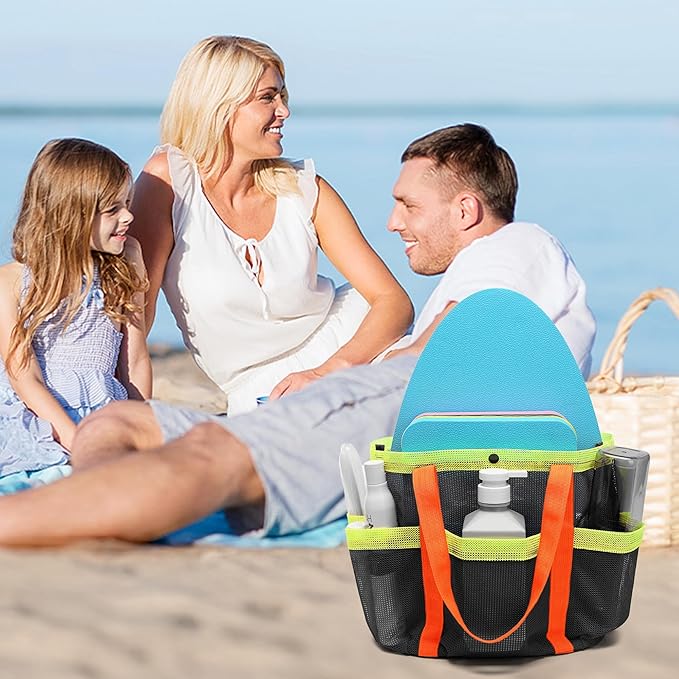 Mesh Beach Bag, Foldable Waterproof Sandproof Beach Storage Tote with 6 Pockets, Swim Tropical Vacation Pool Essential