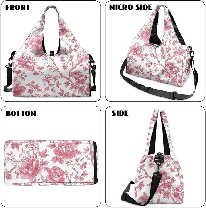 Pink Floral Gym Bag with Yoga Mat Holder and Shoe Compartment, Extra Large Vintage Flower Overnight Bag with Wet Pocket, Adjustable Shoulder Strap Fitness Sport Tote Bag