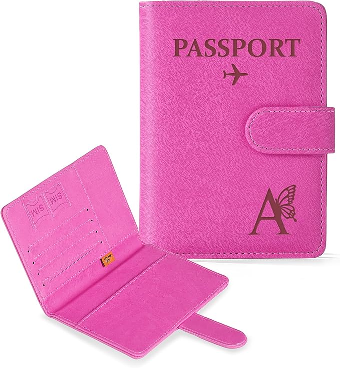 COSHAYSOO Initial RFID Passport Holder for Travel Women Passports Cover Case Air Essentials Airplane Flight Accessories Airline Plane Flying Must Haves Christmas Gift Butterfly Letter Hot Pink A