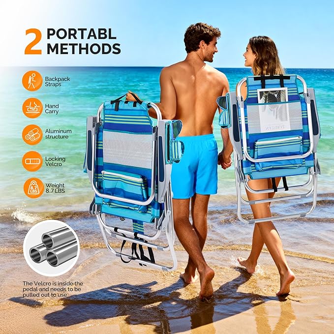 VINGLI Tall Beach Chair 2 Pack Lightweight, Backpack Beach Chair for Adults with 5-Position, Cooler Bag, Cup Holders, Towel Bar, Lightweight Folding Beach Camping Chairs