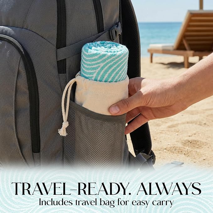 DECOLURE Turkish Beach Towel Oversized 39x73 Inch - 100% Turkish Cotton, Quick Dry and Sand Free Beach Towels for Travel - Lightweight, Absorbent & Soft Peshtemal Towel - (Cyan Wave)